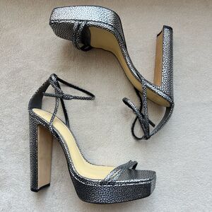 Alexandre Birman Lenny Silver On Black Leather Platform Heeled Sandal 39.5/9-9.5